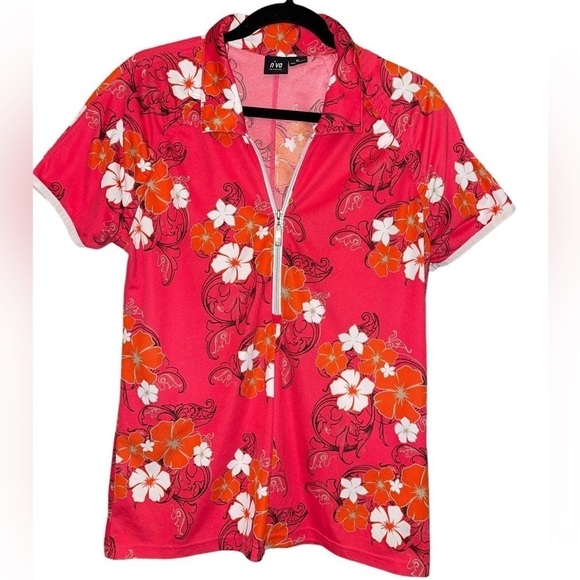 Nvo by Lanctot Women's Top Size XL Red Floral Half Zip Collared Short Sleeve - Picture 1 of 8